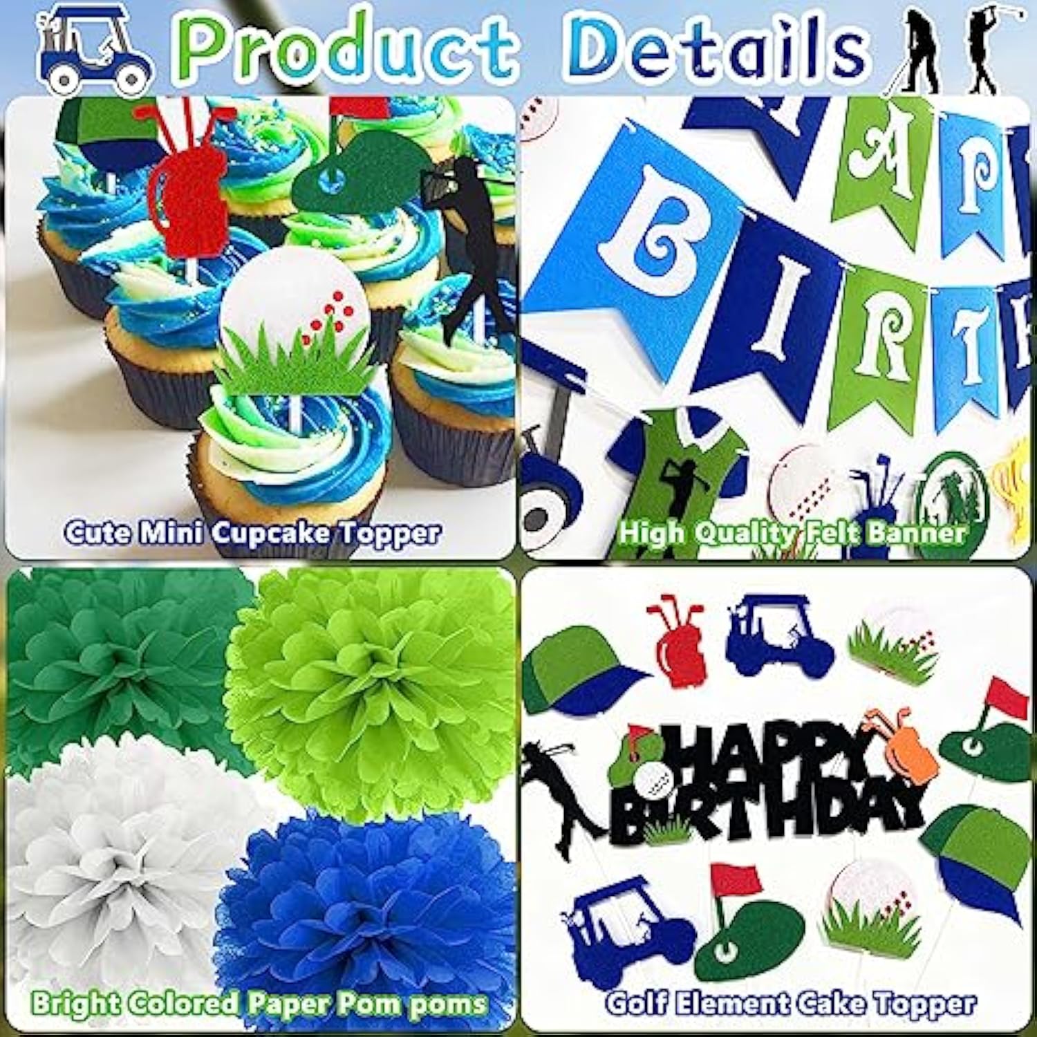 50Pcs Golf Birthday Party Decorations Golf Themed Party Supplies Includes Print Balloon Foil Balloon Cake Topper Banner Paper Pompoms