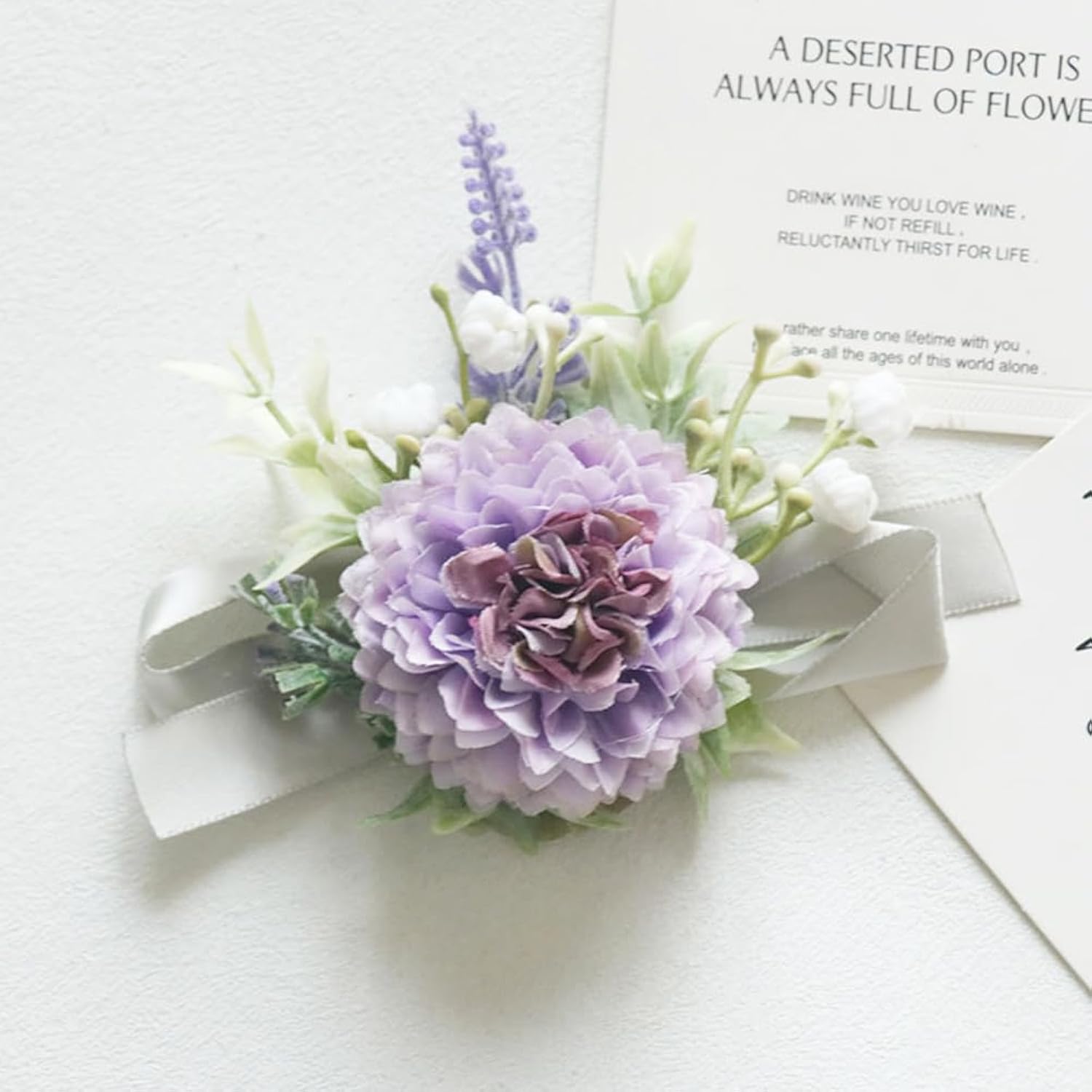 2 Pieces Artificial Wrist Corsage And Boutonniere Set, Groom Groomsmen Bride Bridesmaids Wedding Flowers Accessories Prom Party Suit Decorations - Pale Purple