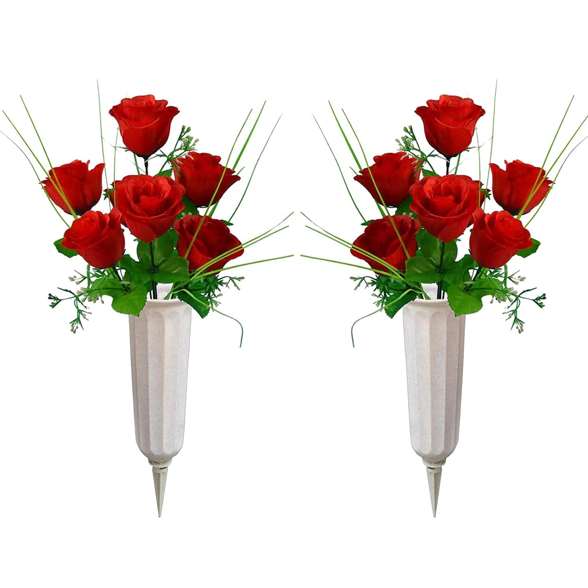 2-Pack Artificial Memorial Flowers With Vases - Beautiful Cemetery Decorations For Grave (Red)