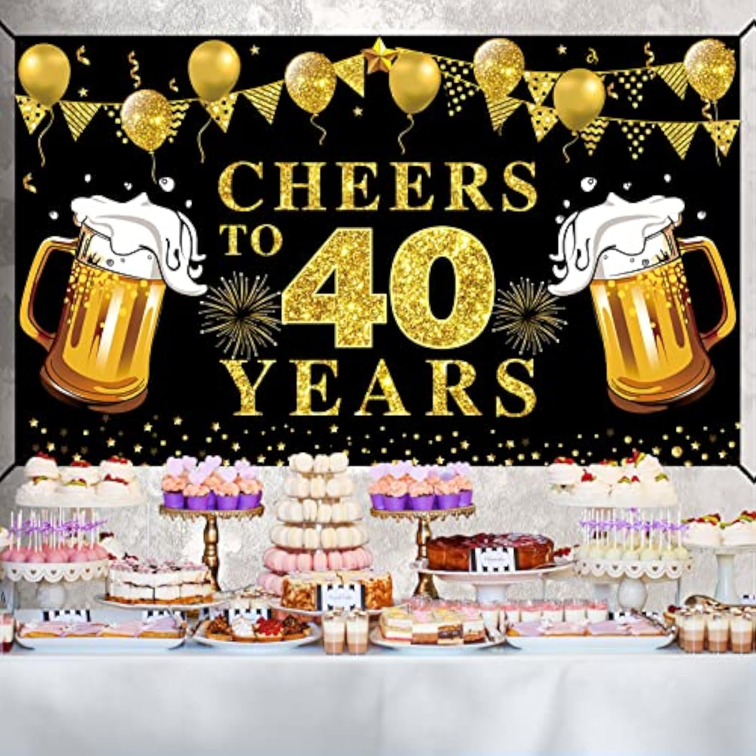 Cheers to 40 Years Backdrop: Black & Gold Anniversary Banner (72.8"x43.3")