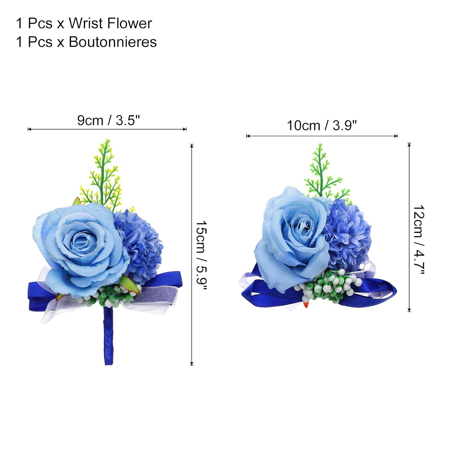 Rose Flower Wrist Corsage And Boutonnieres Set, Bride Artificial Flower Bracelets Boutonnieres For Men For Wedding Ceremony Prom Party Anniversary, Blue