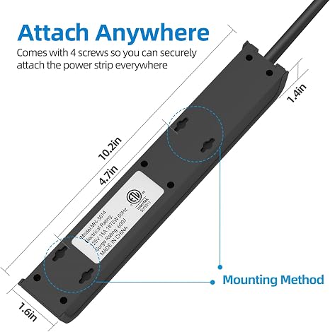 6 Outlet Surge Protector Power Strip 2FT Extension Cord 600J Overload Protection Wall Mount 15A 1875W