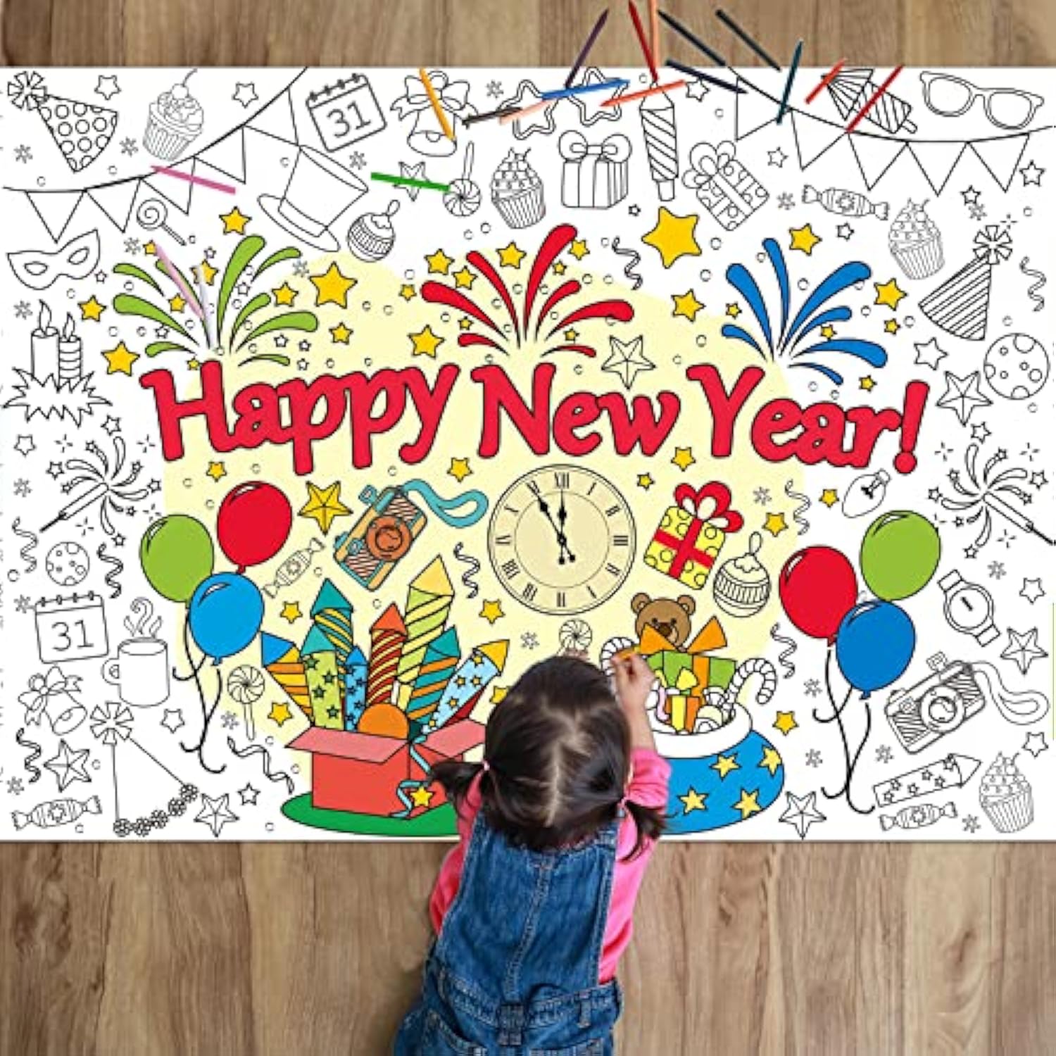 Giant Happy New Year Coloring Poster For Kids 2026 New Years Eve Giant Coloring Tablecloth Large Books Huge Sheet Page Table Cover For Wall Boys Girls Classroom Home Holiday Party Supplies 31X43In