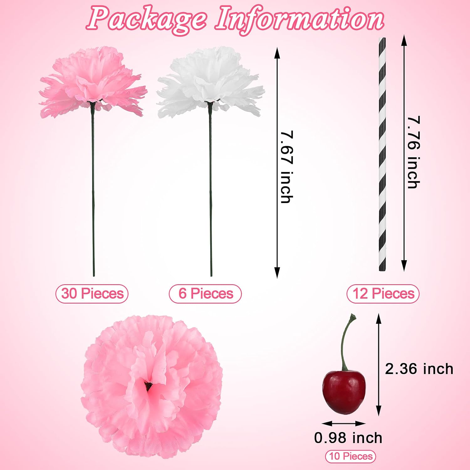 6 Sets Pink Carnations Artificial Flowers, 50'S Theme Party Decorations Include White Pink Carnation Lifelike Cherries And Paper Straws For Sock Hop Rock And Roll Grease Party Decorations