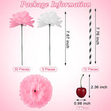 6 Sets Pink Carnations Artificial Flowers, 50'S Theme Party Decorations Include White Pink Carnation Lifelike Cherries And Paper Straws For Sock Hop Rock And Roll Grease Party Decorations