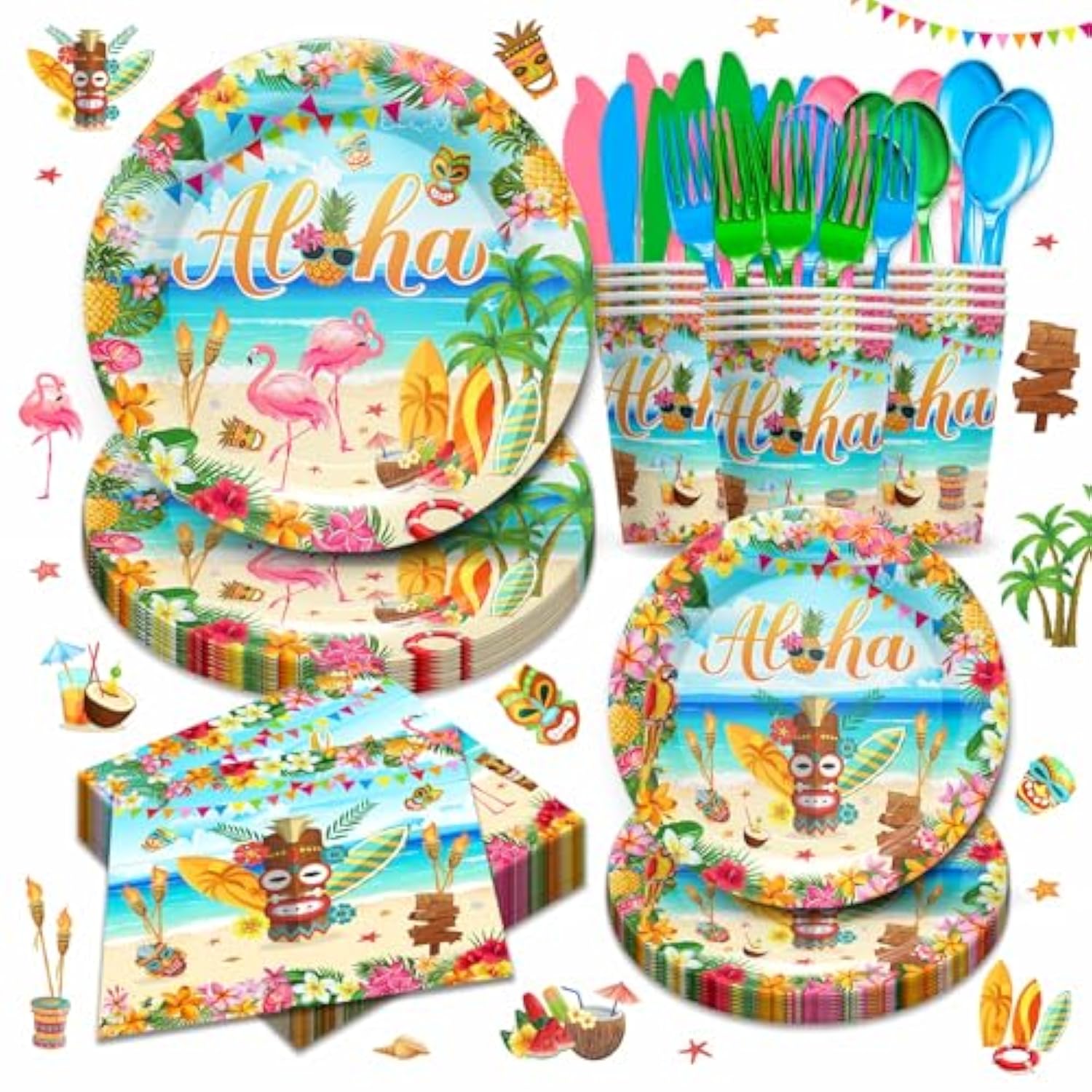 Hawaiian Flamingo Party Supplies Tableware Set - Tropical Luau Decorations Include Plates, Napkins, Cups, Cutlery, For Aloha Summer Beach Theme Party Supplies | Serves 24