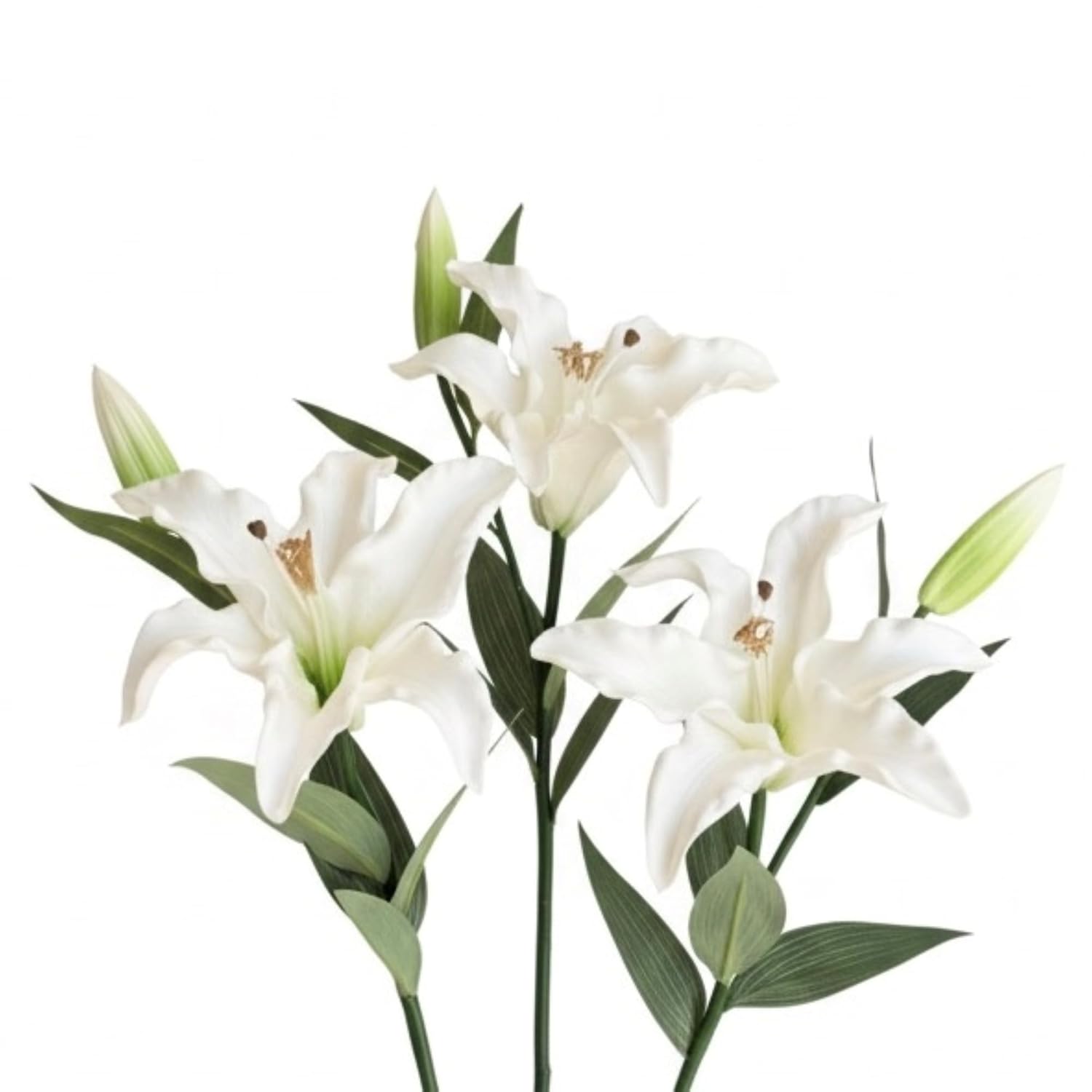 30 Inch Long Tiger Lily Artificial Flowers 3 Pack Green & White - Real Touch Faux Lilies For Floor Vase, Entryway & Living Room Statement Decor, Wedding Decoration