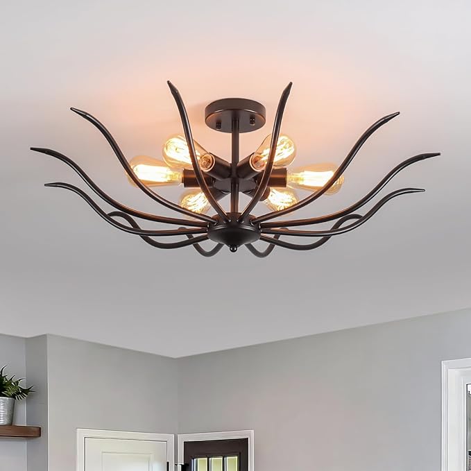 31.5 Inch Black Farmhouse Chandelier 6 Light Semi Flush Mount Ceiling Fixture