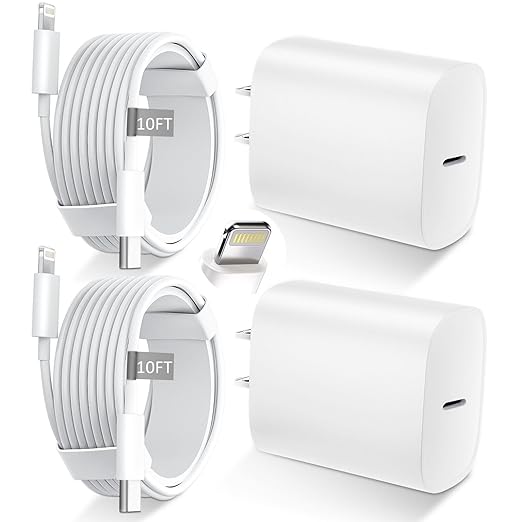 2 Pack 20W USB C Fast Charger with 10FT USB C to Lightning Cable for iPhone 14 13 12 11 iPad AirPods