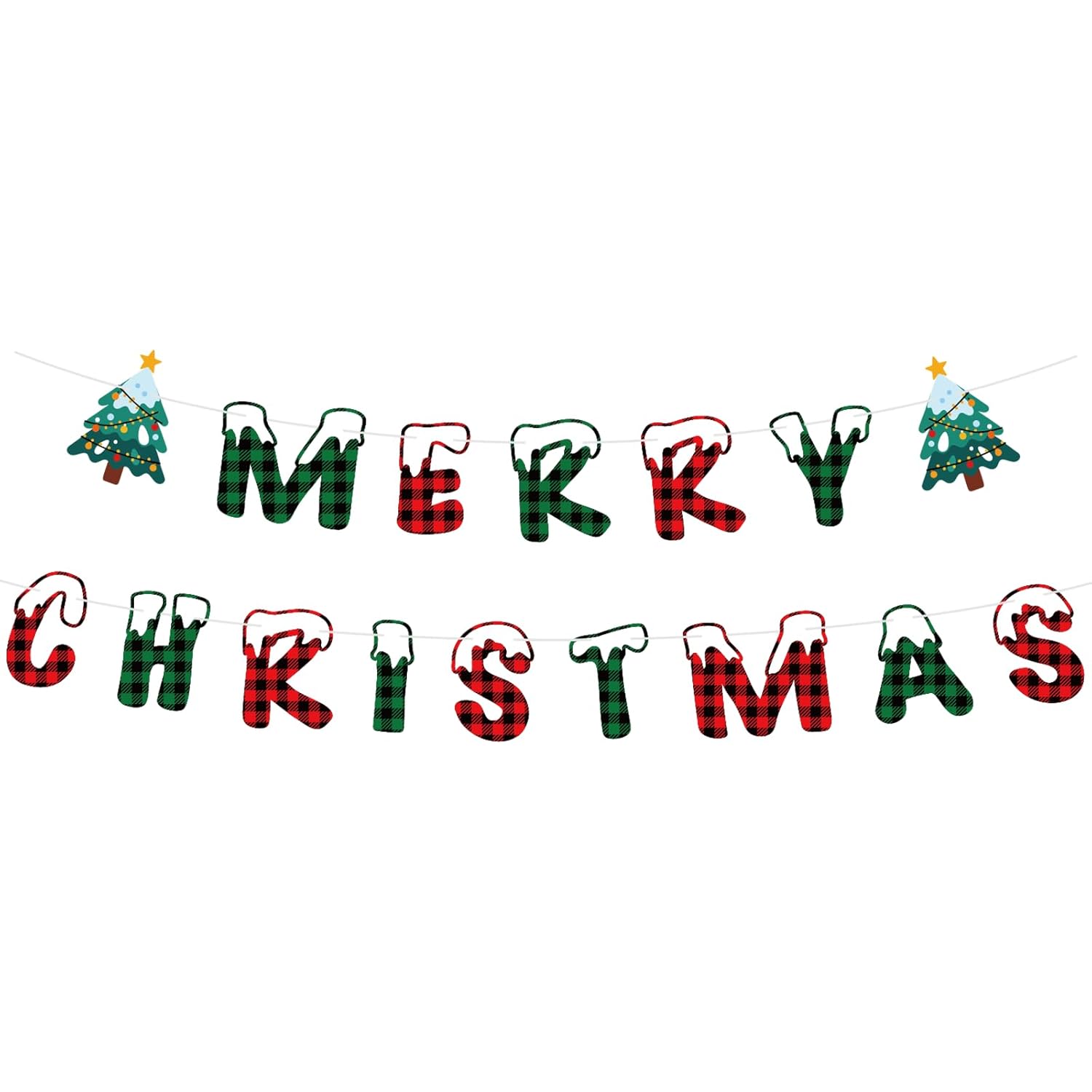 Merry Christmas Banner Indoor, Pre-Strung Mantle Christmas Decor, Buffalo Plaid Xmas Banner With Tree, Merry Xmas Sign For Winter New Year Party Fireplace Hanging Sign Supplies