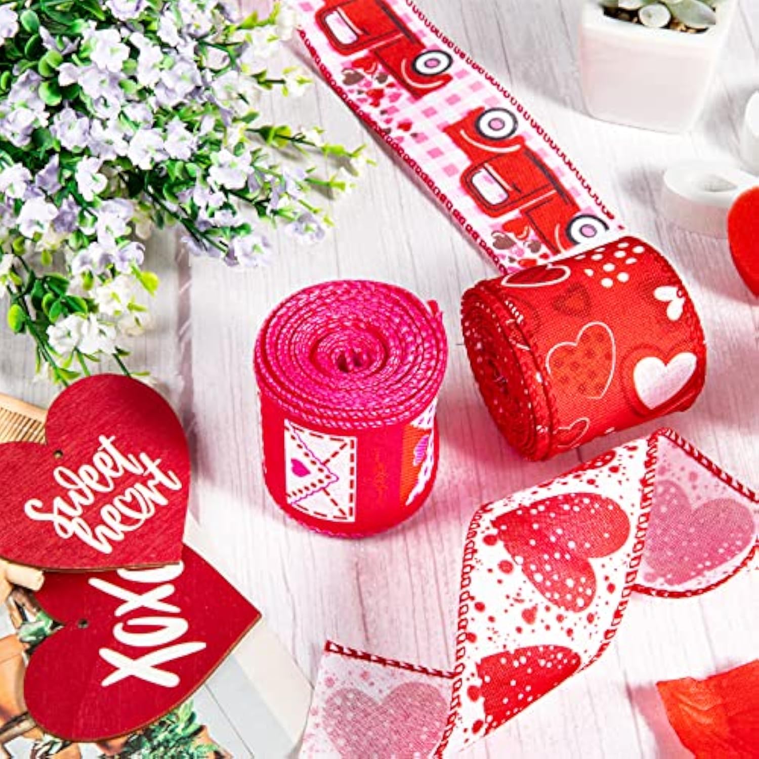 Valentine'S Day Wired Edge Ribbon 26.4 Yards Heart Truck Patterned Cra