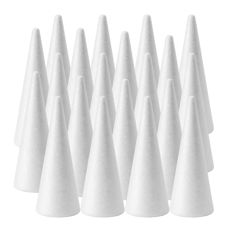 20-Pack Craft Foam Cones (2.9X7.9In), White Polystyrene Cone Shaped Foam, Foam