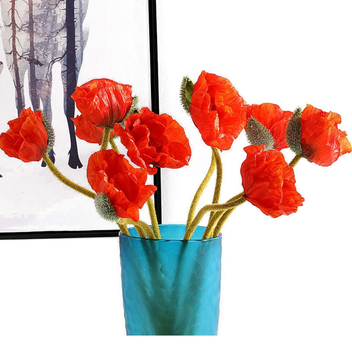 5 Pcs Artificial French Corn Poppy Silk Poppy Flocking Long Stem Flowers Home Wedding Party Decor 25" High No Vase Sunset Orange