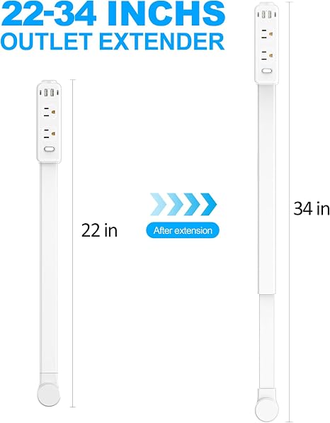 Outlet Extender Power Strip 6 Outlets 4 USB Ports Adjustable 22-34 Inch Rotating 180°