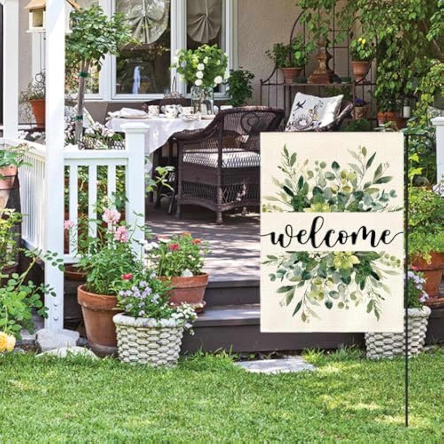 Spring Summer Floral Welcome Garden Flag 12X18 Inch Double Sided Outside, Eucalyptus Seasonal Farmhouse Yard Outdoor Flag