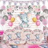 Elephant Baby Shower Decorations For Girl, Elephant Theme Tablecloths, Balloons, Backdrop, Banner, Plates, Napkins, Paper Cups, Forks For Birthday Party Decorations| Pink Grey White
