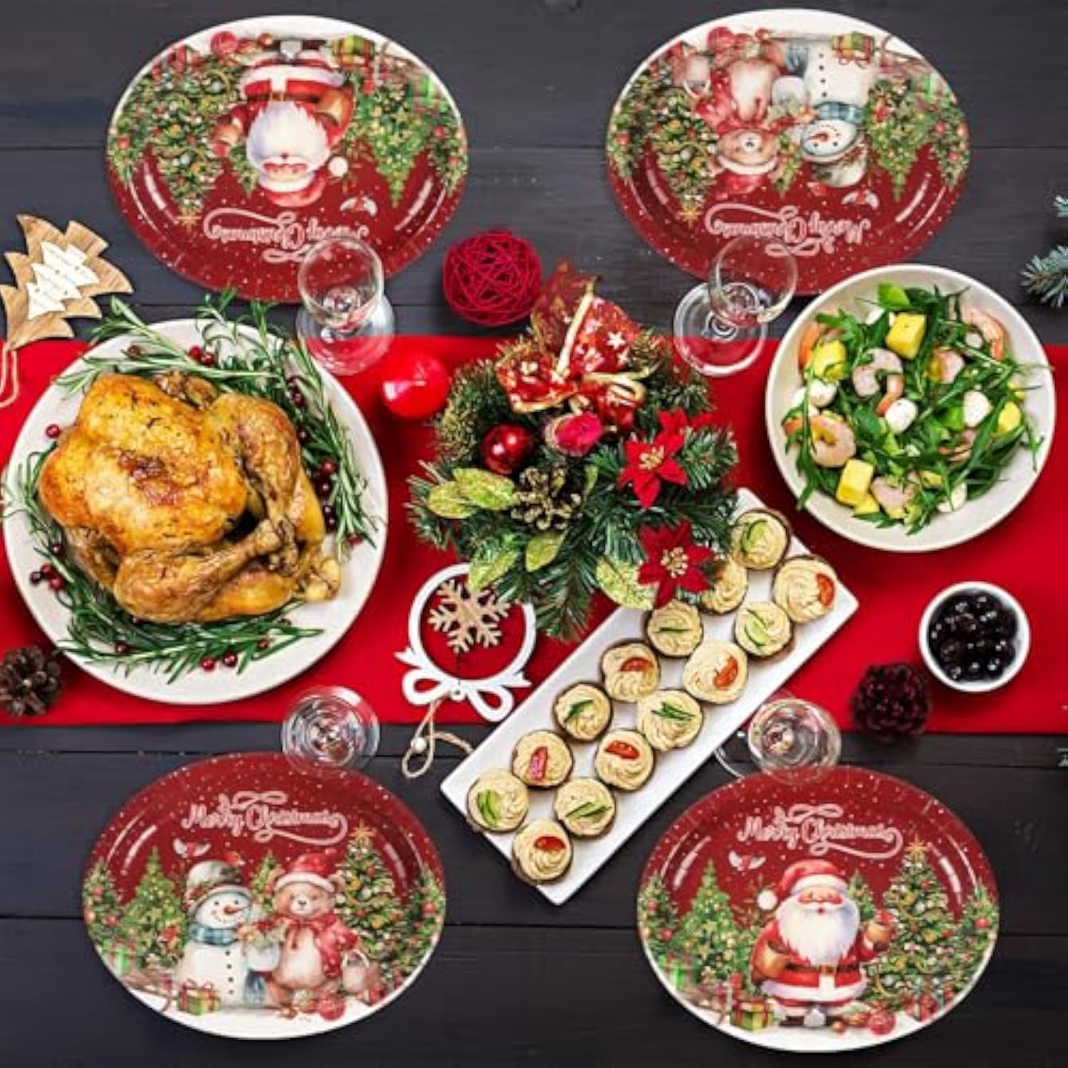 50 Pcs Christmas Vintage Oval Paper Plates 11Inch Holiday Retro Winter Santa Snowman Christmas Tree Table Platter Disposable Dish Tray For Candy Cookie Xmas Eve Birthday Party Dinner Supplies