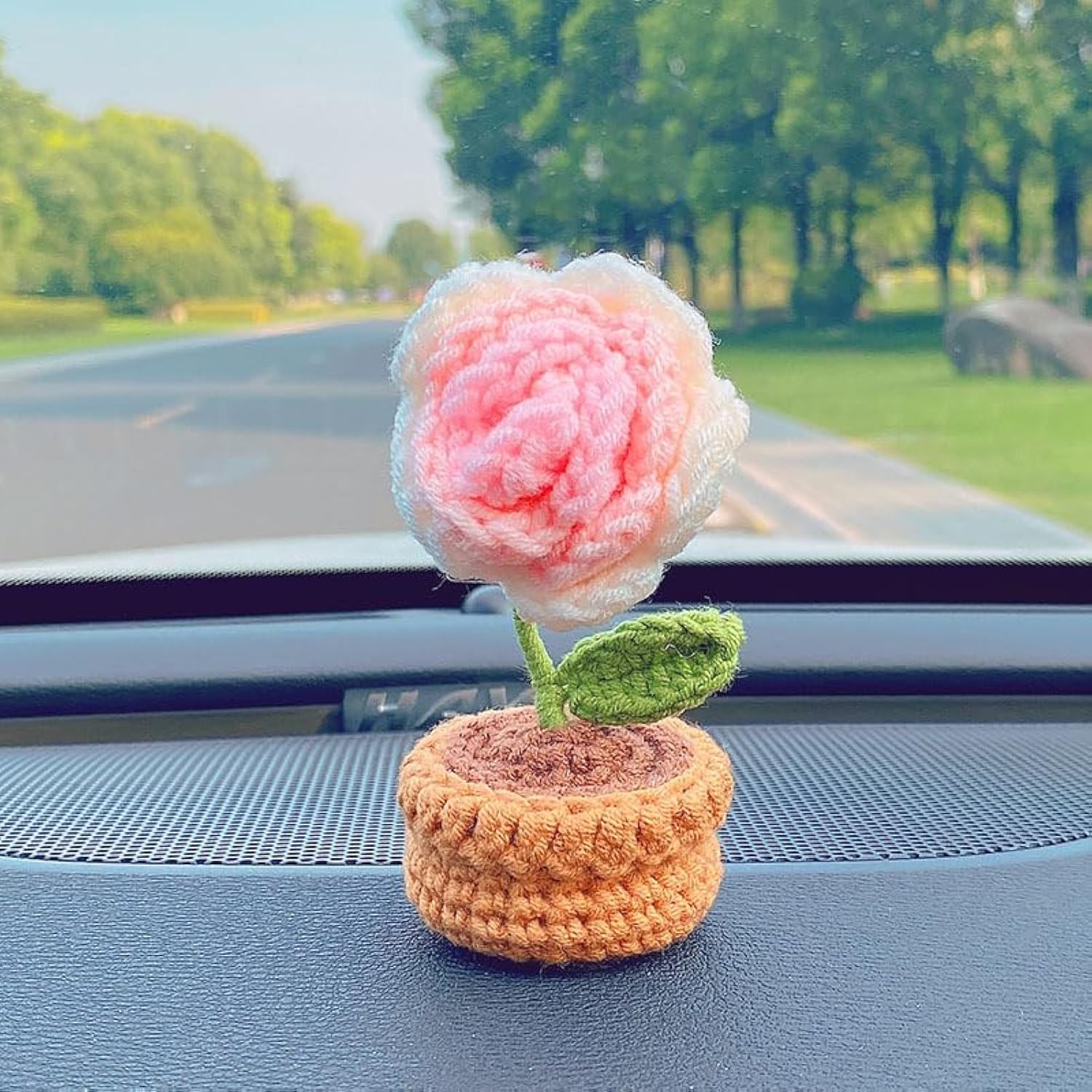 Handmade Crochet Flowers,Small Potted Knitted Desk Decorations Home Decoration Car Dashboard Decorations Crochet Artificial Flower (Pink Rose)