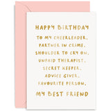 Old English Co. Cute Birthday Card For Best Friend - Unpaid Therapist, Partner In Crime, Shoulder To Cry On - Thank You Happy Birthday Greeting Card For Bff Bestie | Blank Inside With Envelope