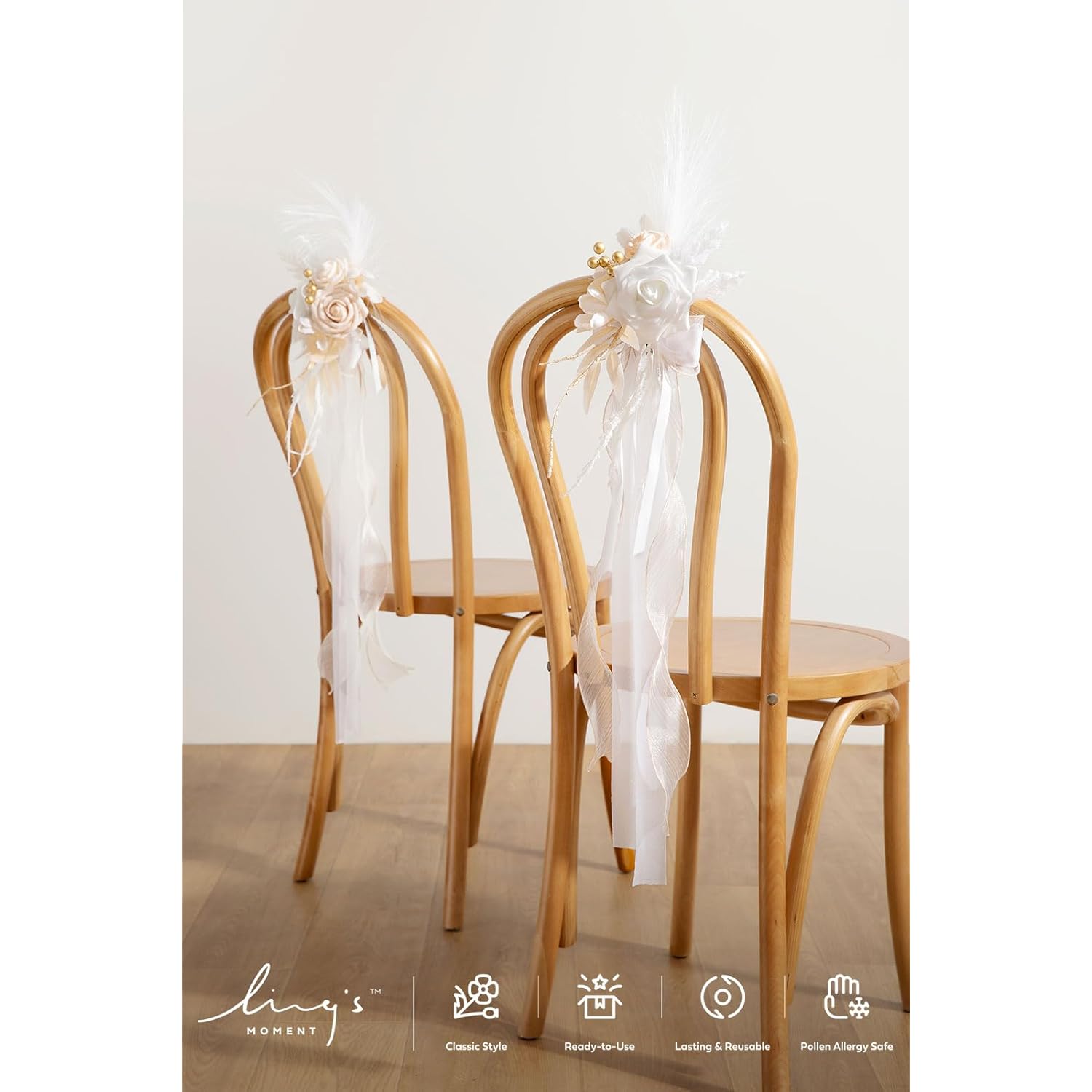8Pcs Wedding Artificial Aisle Pew Flowers Chair Decorations Arrangements With Chiffon Ribbons Boho White Beige For Ceremony Chair Back Floral Decor Reception Church Party Outdoor