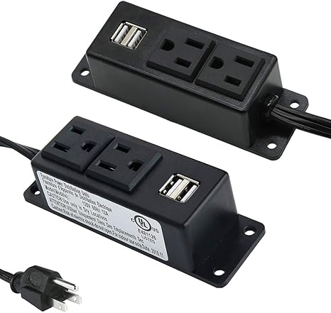 Wall Mount Power Strip 2 Outlets 2 USB Ports 6.56FT Flat Plug Extension Cord Black