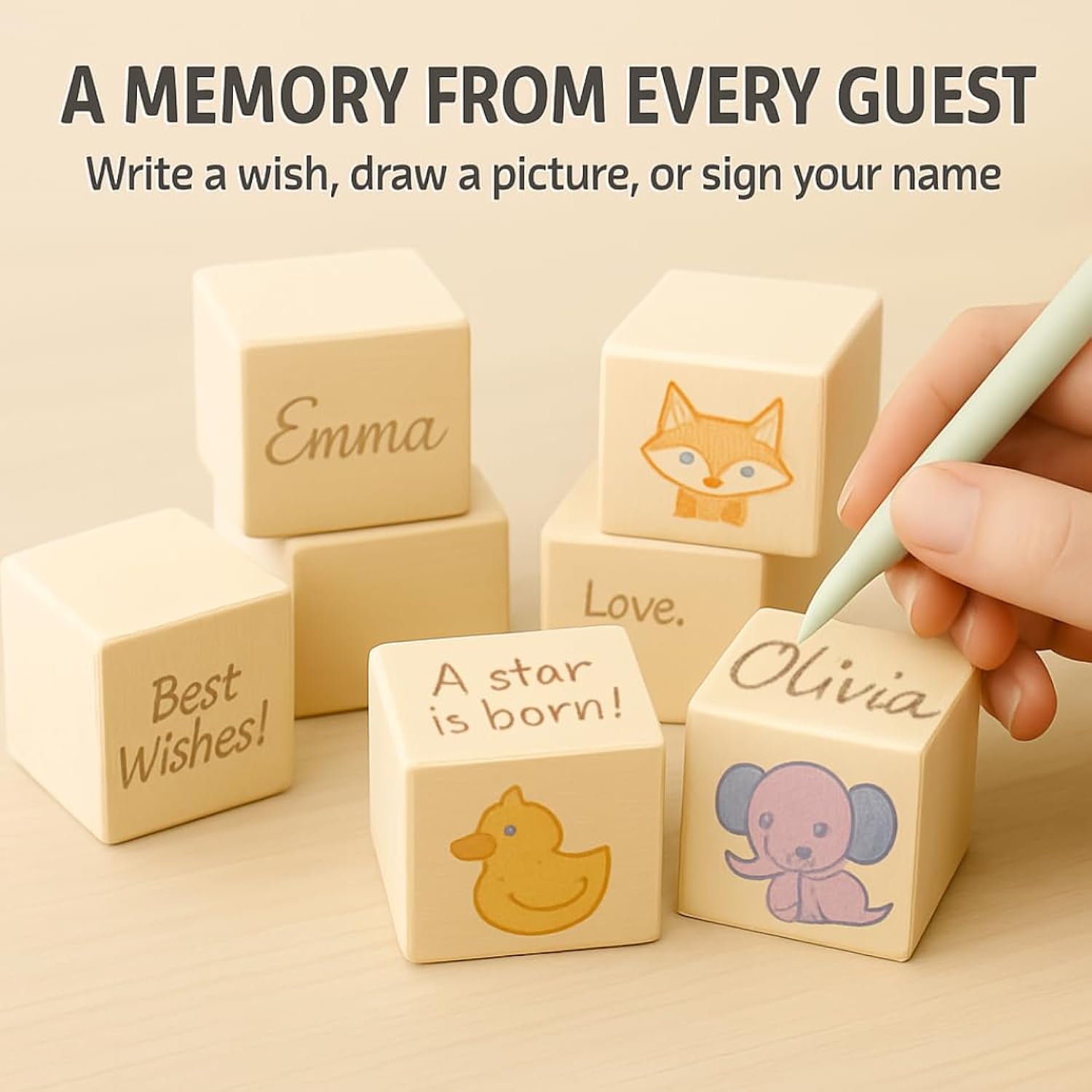 Blocks For Baby Shower – Games & Activity Kit – 48 Natural Wooden Blocks To Decorate, Storage Box, 12 Acrylic Markers & Instruction Sign – Baby Shower Blocks To Decorate