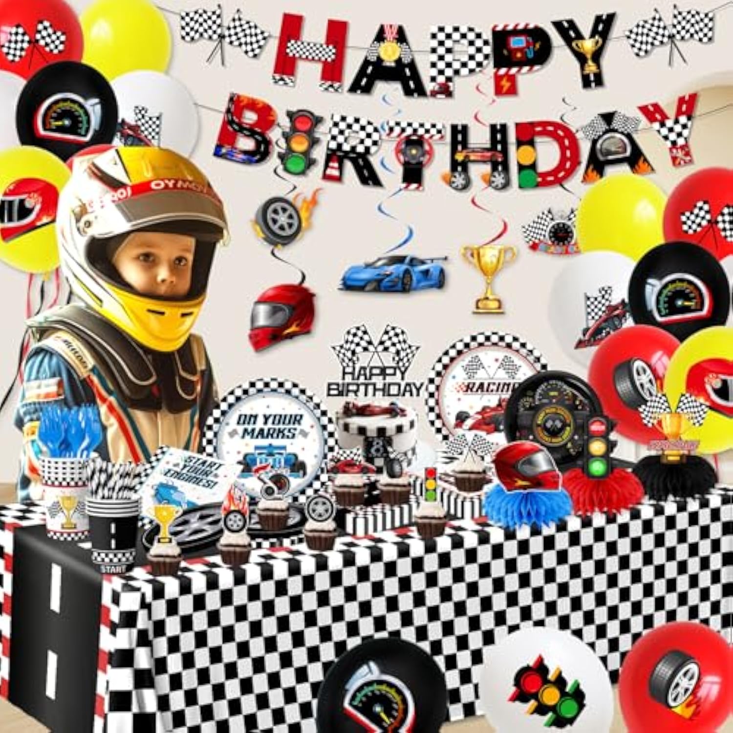 Race Car Birthday Party Decorations, All-In-1 Cars Birthday Decorations With Balloons Checkered Plates Napkins Cake Toppers Honeycombs Tablecloths And Banner Racing Decorations For Race Day, Serve 24