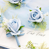 Light Blue Corsage And Boutonniere Set For Wedding Prom, Artificial Rose Babysbreath Flower Wrist Corsage Bracelets, Homecoming Corsage Wristlet, Boutonniere For Men Wedding Suit Decorations