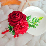 Red Corsage And Boutonniere Set Prom Suit, Artificial Rose Flower Bridesmaid Wrist Corsage Wristband For Groom Groomsmen, Bride Bridal Hand Ribbon Bracelet For Wedding Party Decor (2 Pack)