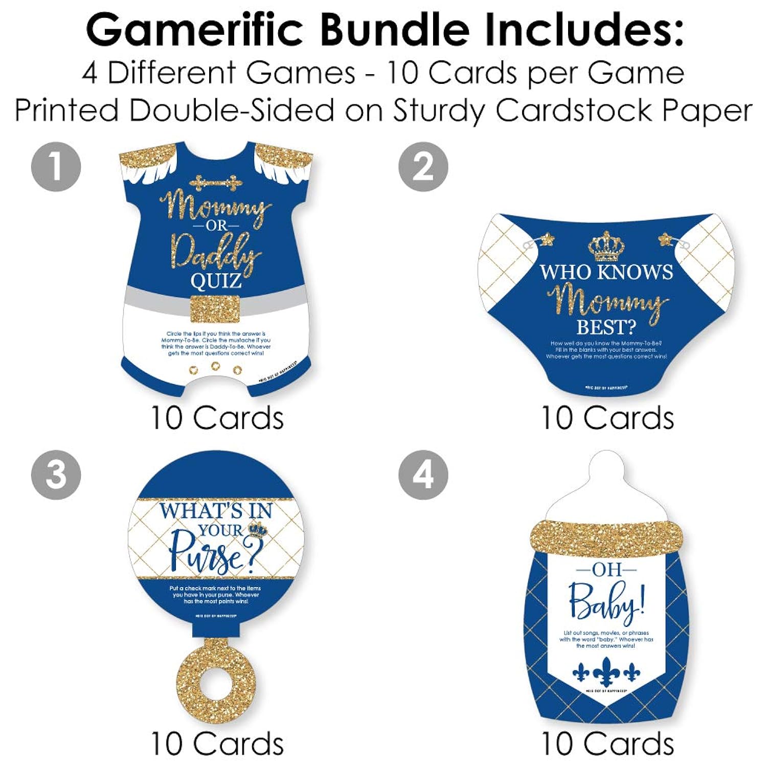 Big Dot of Happiness Royal Prince Charming - 4 Baby Shower Games - 10 Cards Each - Who Knows Mommy Best, Mommy or Daddy Quiz, What’s in Your Purse and Oh Baby - Gamerific Bundle
