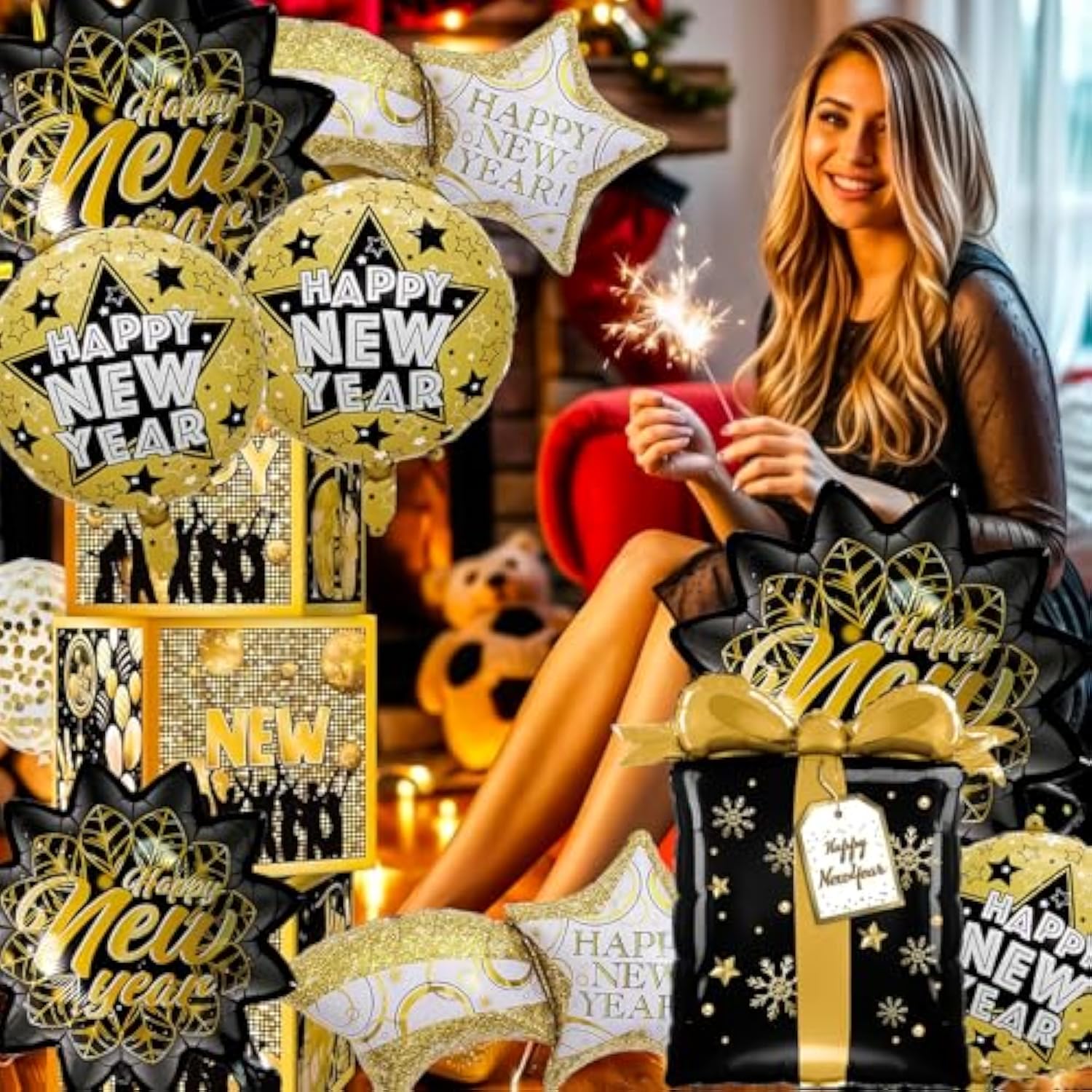 9pc Black Gold New Year 2026 Balloons Shooting Star Leaf Foil Decorations