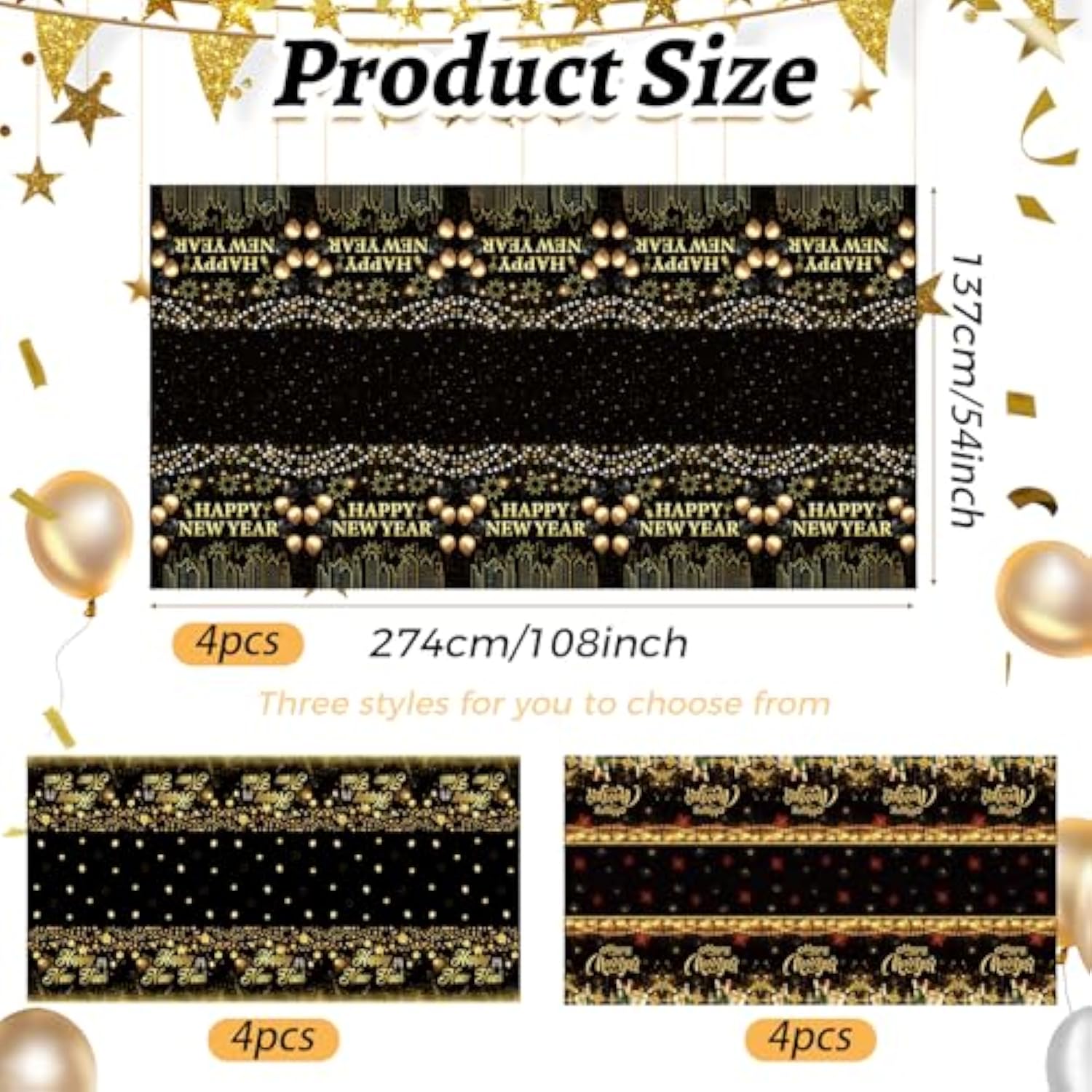 12pcs Black Gold Happy New Year Tablecloth 54x108in 2026 Party Decor