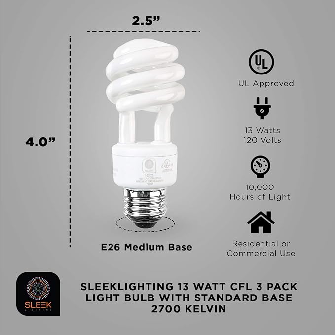 13W Spiral CFL Light Bulbs E26 Base 2700K Warm White 800 Lumens 65W Equivalent UL Listed 3 Pack