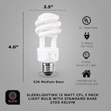 13W Spiral CFL Light Bulbs E26 Base 2700K Warm White 800 Lumens 65W Equivalent UL Listed 3 Pack