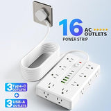 16 Outlet Surge Protector Power Strip 6 USB Ports 6.56FT Flat Plug Extension Cord White