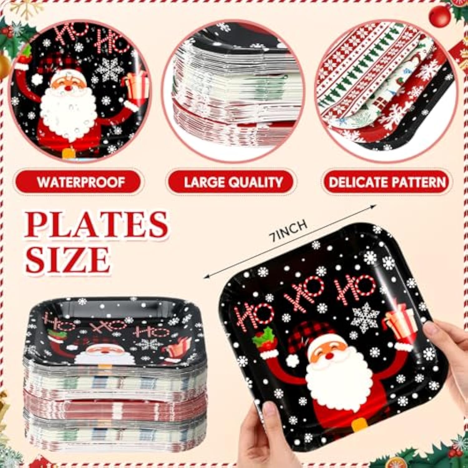 80 Pcs 7Inch Christmas Dessert Plates Christmas Disposable Plates Santa Xmas Square Dinner Plates For Merry Christmas Holiday Party Supplies, 4 Styles