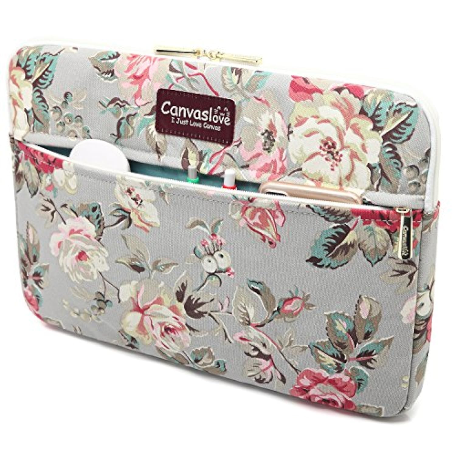 Rose Pattern Canvas Laptop Sleeve Case Bag With Pocket For Macbook Pro 14 Inch And 14 Inch Laptop