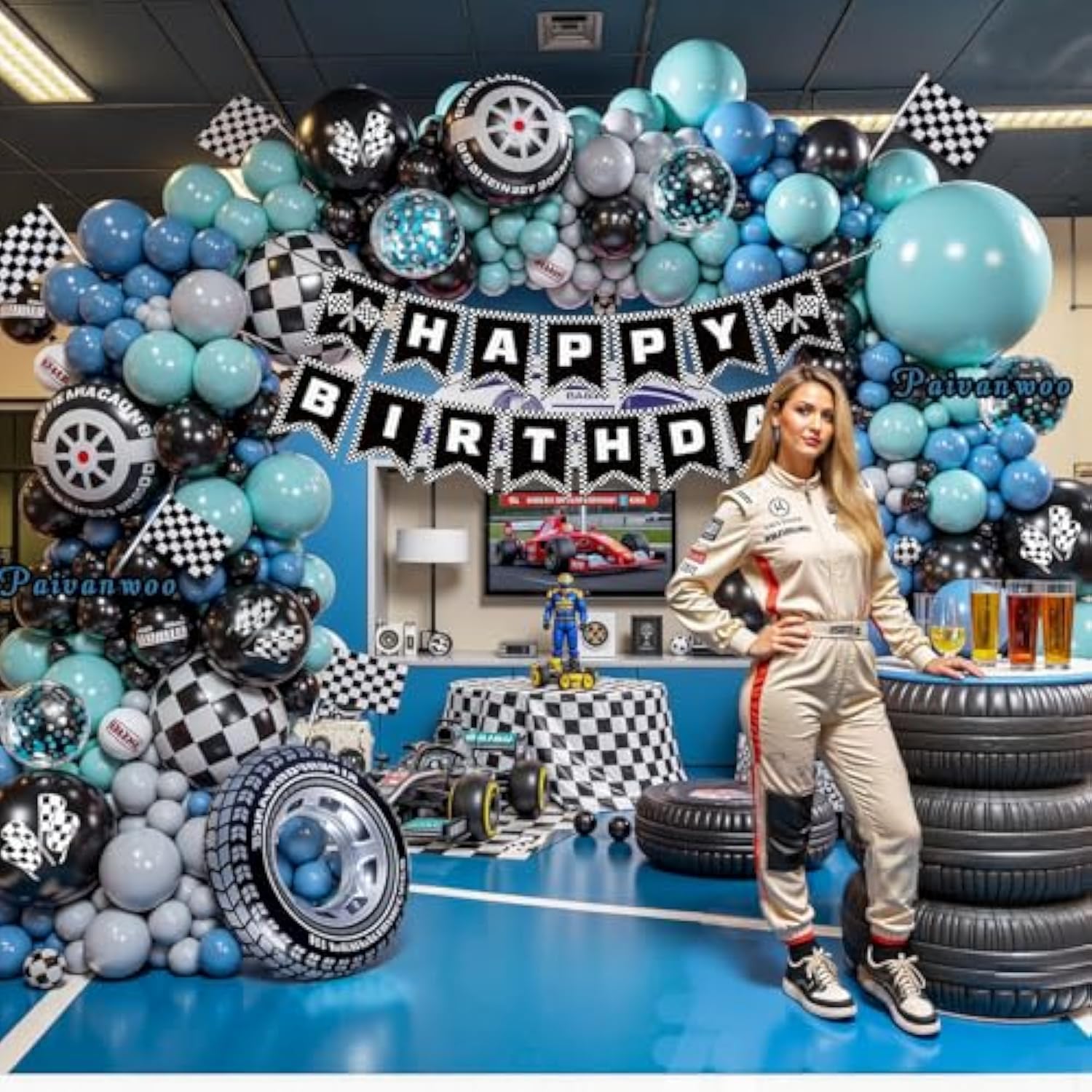 Race Car Balloon Garland Arch Kit – Dusty Blue & Black Balloons With Banner, Checkered Balloons & Flag For Two Fast, Cars, Or Race Car Birthday Party Decorations