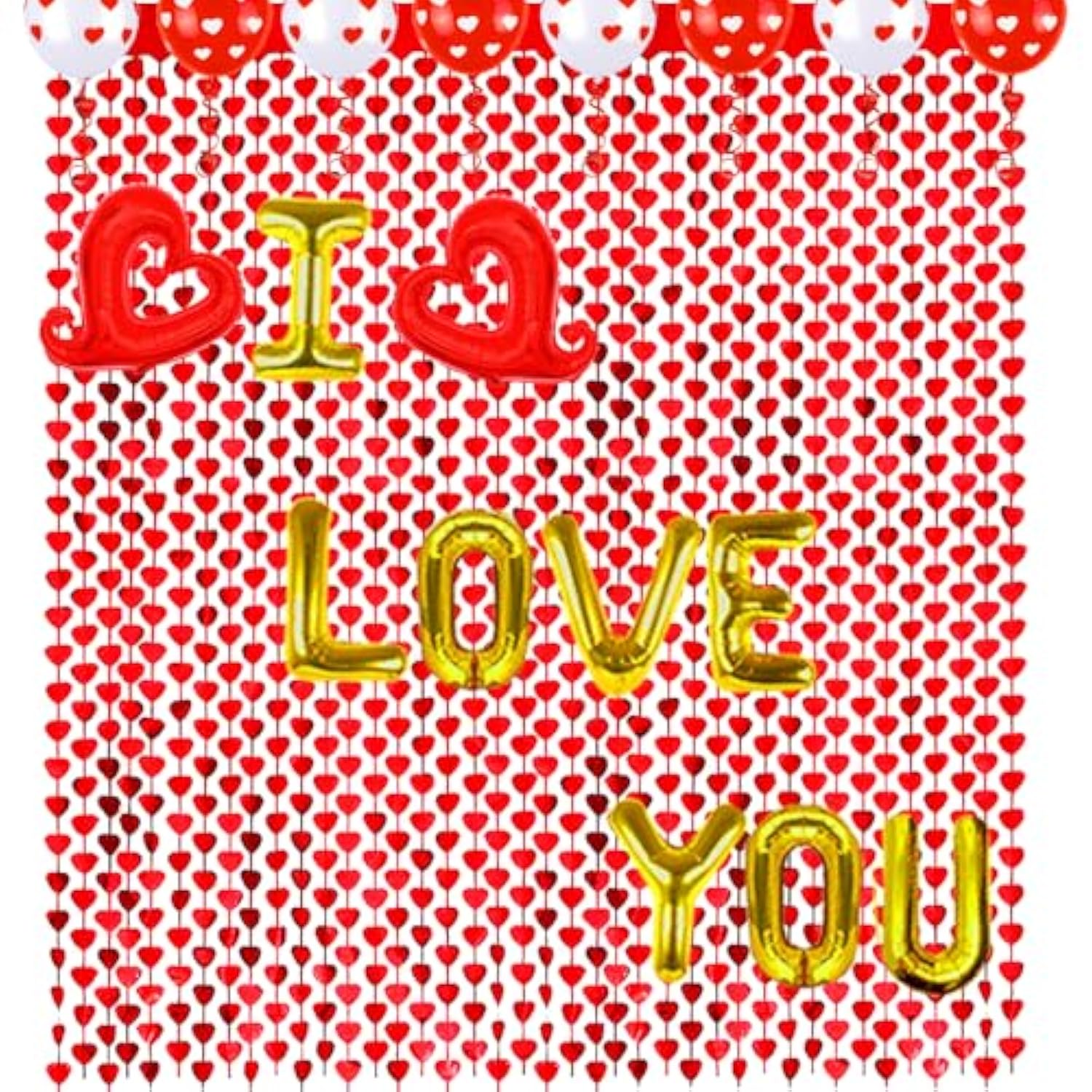 Valentine'S Day Foil Curtain Backdrop, 2 Pack Red Heart Shape Tinsel Fringe Curtain And I Love You Balloon,Valentines Day Photo Streamer For Valentines Day Wedding Engagement Birthday Party Decor