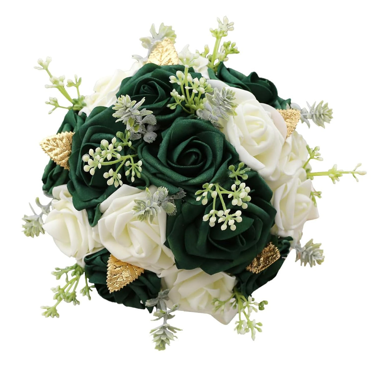 Round Green Artificial Pe Rose Bouquet With Pearls For Bridal Toss And Bridesmaids Suit For Wedding Party