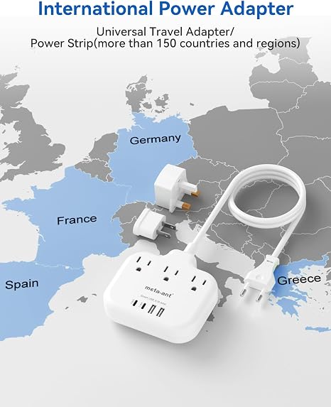 International Travel Power Strip 3 Outlets 4 USB 2 USB C 5FT Adapter White