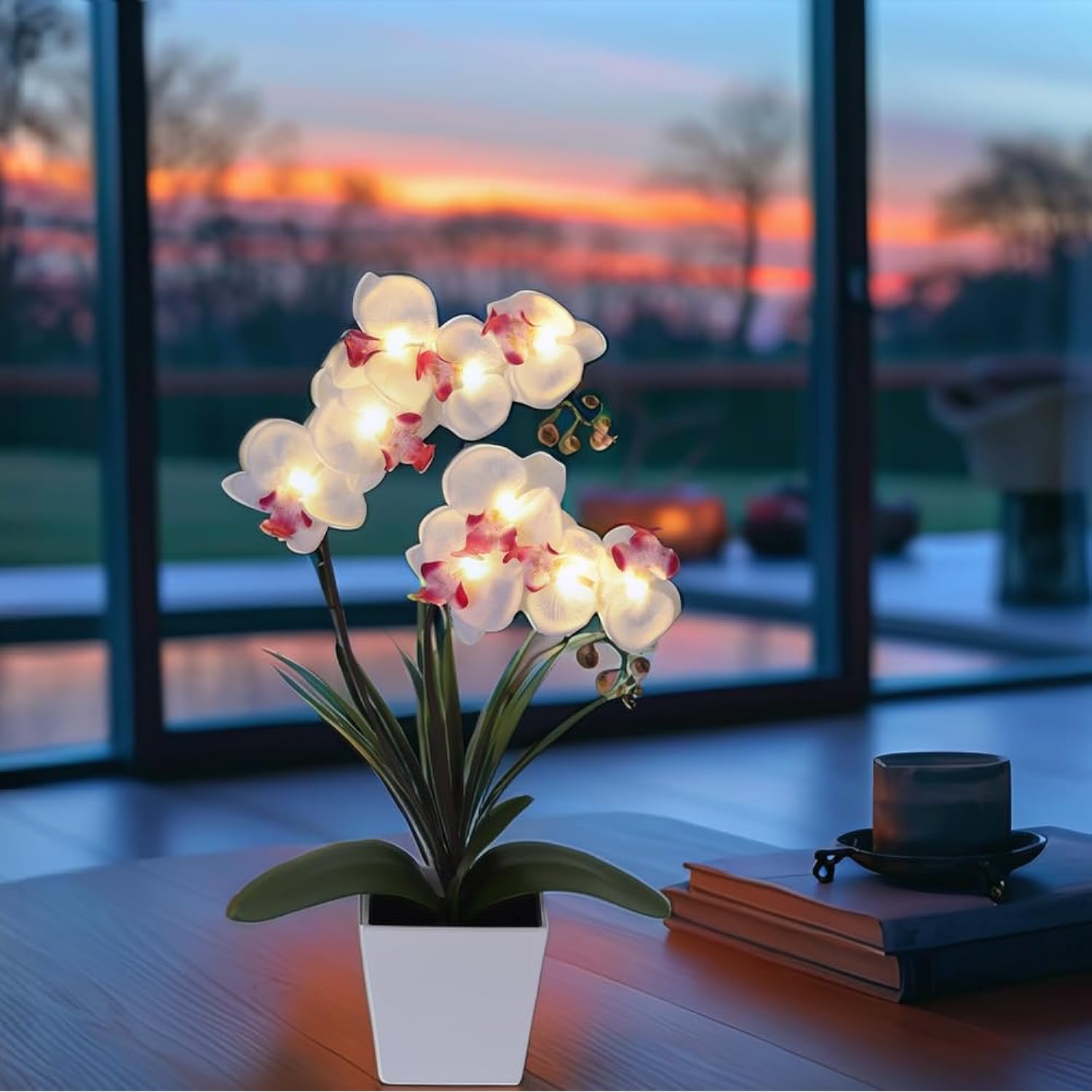 Orchid Lamp-Led Lighted Orchid Arrangements,Pre Lit Artificial Orchid,Light Up Flower Lights, Faux Orchid Phalaenopsis Arrangement (White)