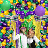 116 Pcs Mardi Gras Decorations - 2Pack Mardi Gras Tinsel Foil Fringe Curtains With Big Aluminum Mask Balloons Green Purple Yellow Mardi Gras Balloons For Mardi Gras Party Carnival Decoration