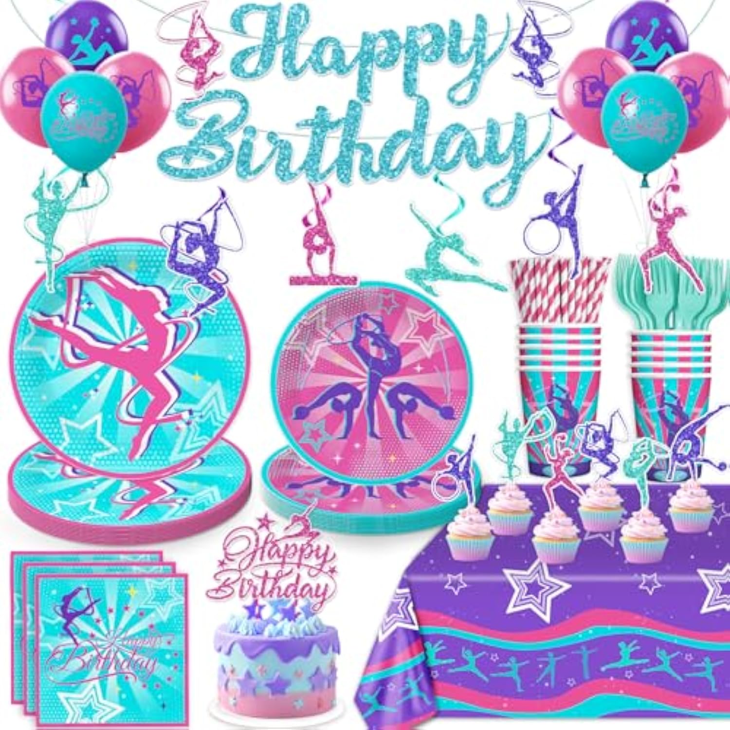170 Pcs Gymnastics Birthday Party Decorations, Serves 20 Guests, With Banner, Balloon, Cake Topper, Plates And Napkins, For Gymnastics Party Decorations