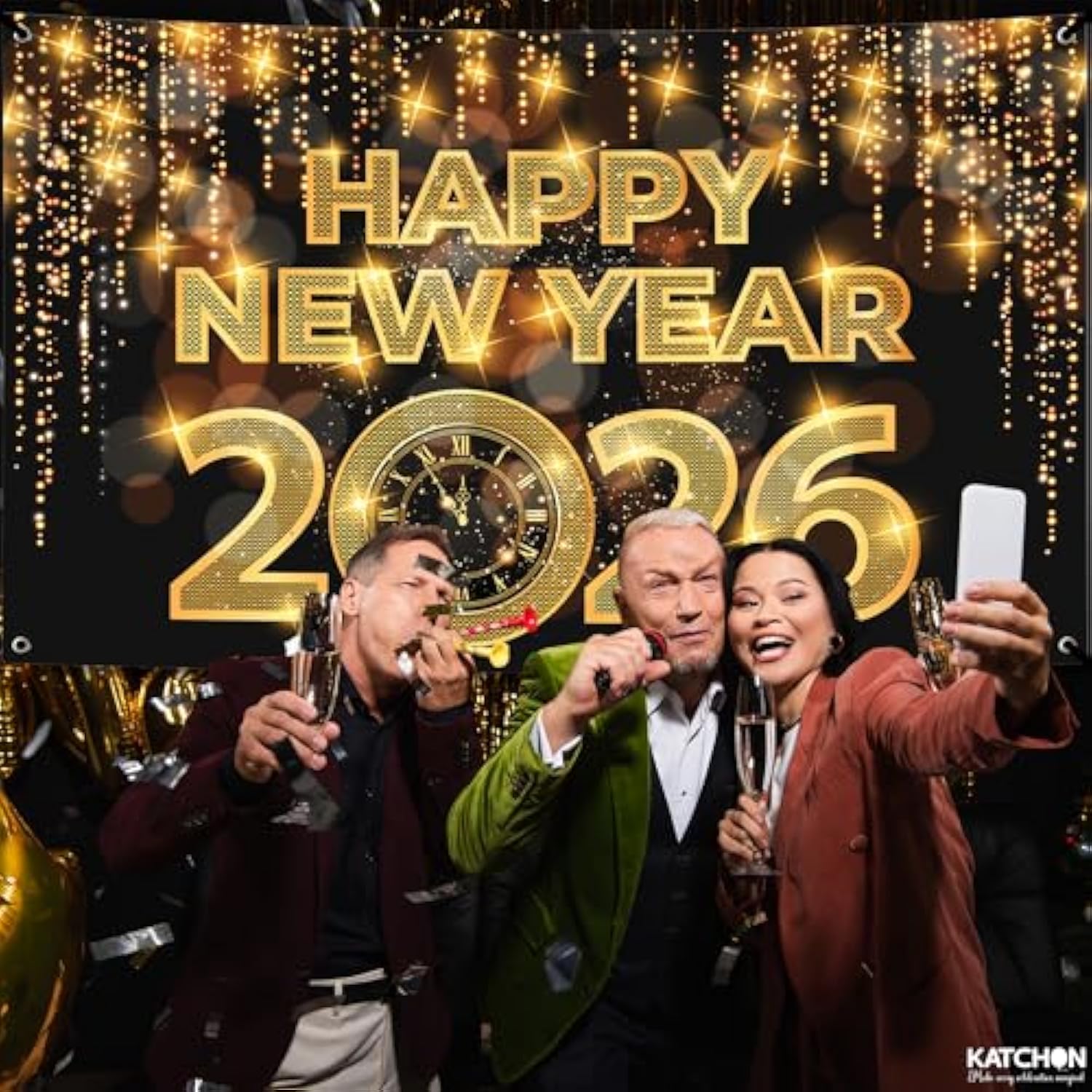 Extra Large 72x44 Inch Happy New Year 2026 Banner Gold & Black NYE Backdrop