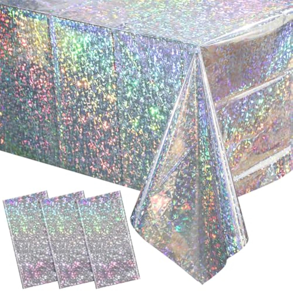 3 Pack New Iridescent Silver Tablecloth Party Decorations, Holographic Silver Glitter Plastic Tablecloth, Disposable Laser Rectangle Table Cover For Disco Birthday 70S Theme Party Decorations, 54X108"