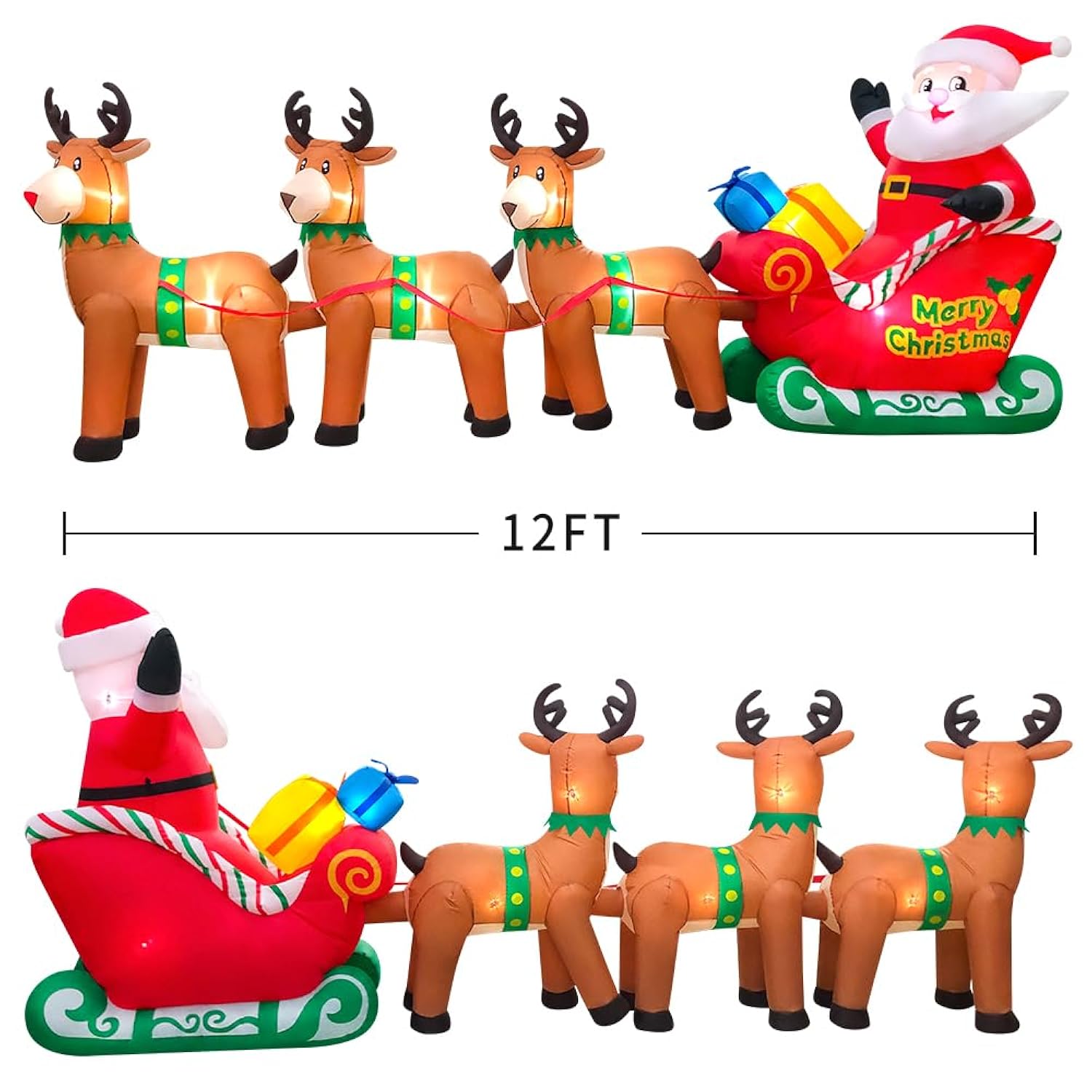 12Ft Christmas Inflatables Santa Claus On Sleigh With Reindeer Deer Merry Christmas Blow Up Yard Décor Led Light For Xma