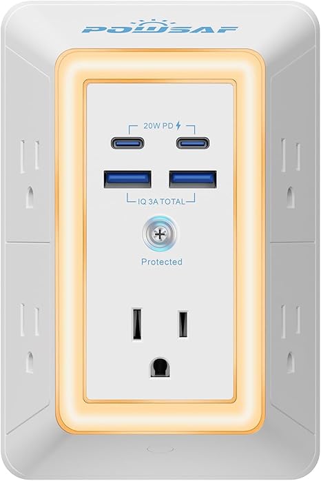 5 Outlet Extender Surge Protector 4 USB Ports 2 USB C PD20W Fast Charging Night Light White