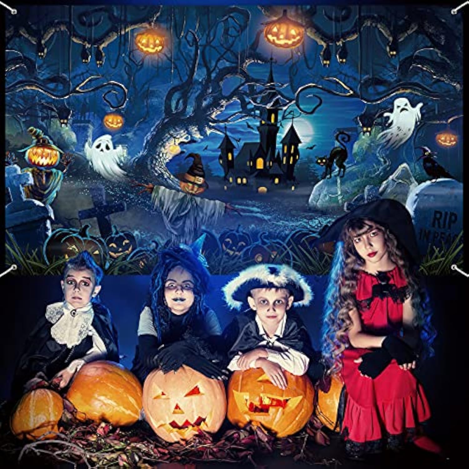 Halloween Decoration Backdrop 72.8x43.3 Inch Spooky Forest Cemetery Graveyard Banner Decor
