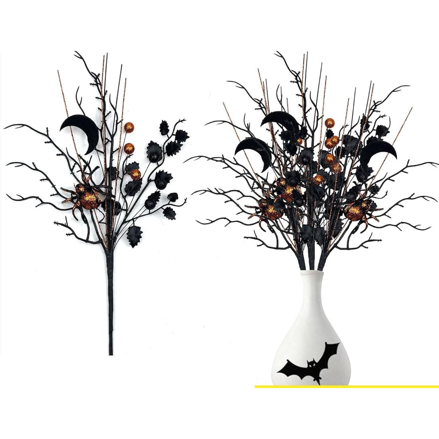 4 Pcs Artificial Halloween Floral Picks Purple Orange Black Berry Stems Halloween Tree Branches For Flower Arrangemant Table Centerpiece Halloween Diy Crafts Festival Home Decoration (Black)